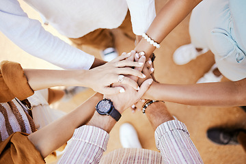 Image showing Community, support and diversity with hands of friends on travel or vacation for goals, team building and collaboration. Motivation, vision and networking with group of people in a circle for trust