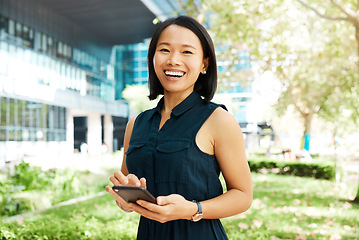 Image showing Business woman and asian portrait with smartphone for outdoor break at office building in Japan. Corporate Japanese girl with smile enjoying mobile social media leisure with 5g connection.