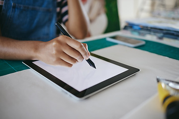 Image showing Mockup, screen and tablet of designer drawing for creativity while working in art workshop. Hands of artist, painter or animation worker with creative idea for advertising project at table in office