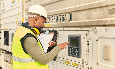 Image showing Logistics, supply chain and security with a man shipping professional using a keypad password on on a commercial container dock. Documents, delivery and storage with a male courier at work with stock