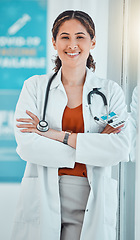 Image showing Doctor expert, medical portrait and woman consulting in a hospital, working in healthcare and happy after surgery at work. Cardiology nurse with smile for professional health and care for people