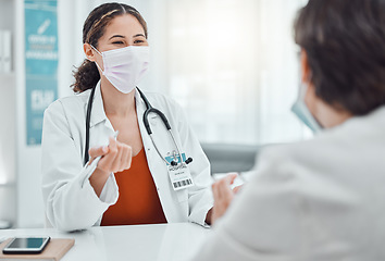 Image showing Covid doctor, medical healthcare and patient talking to expert about insurance for surgery, sick results and help during consultation. Nurse consulting with person about covid 19 advice in office