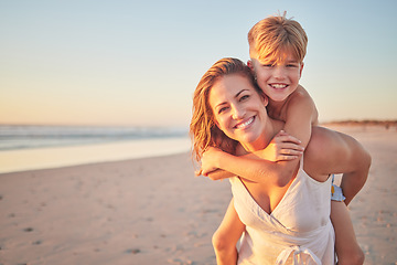 Image showing Mom, piggyback kids and portrait at beach holiday, summer vacation and ocean relax together for fun, freedom and quality time in Australia. Happy mothers day, excited boy children and sunshine sea