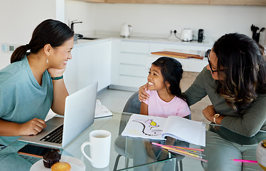 Image showing Education, learning and working with a girl or student studying while her mother does remote work from home. Homeschool, entrepreneur and tutor with a child and parent at work in their home