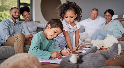 Image showing Children, family and learning while drawing art for creative fun with brother and sister in home lounge with multi generation bonding. Boy and girl kids playing with supervision of men and women