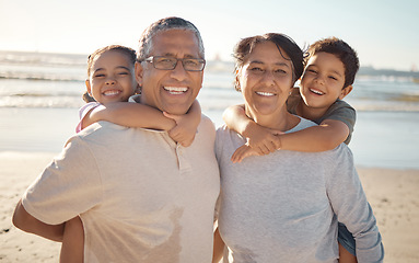 Image showing Family on beach with grandparents and kids for summer or holiday, senior wellness and growth development. Young happy kids with grandmother and grandfather with sunshine, ocean for outdoor fun