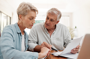 Image showing Finance, retirement and a couple online with budget or strategy plan with documents. Laptop, internet and savings, senior woman and man planning funds, mortgage or investment for retired lifestyle.