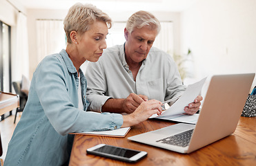 Image showing Communication, discussion and couple with paperwork planning financial strategy budget plan. Senior man and woman with documents review finance expenses, retirement plan or mortgage banking payment