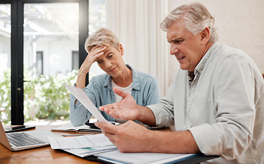 Image showing Sad retirement couple, finance debt and anxiety in financial planning, mortgage home loan and paper bills. Stress woman, angry man and senior people pension problem, admin crisis and budget mistake