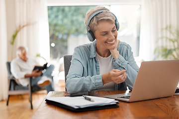 Image showing Remote woman, video call or laptop webinar.training on online zoom call meeting in home office or house room interior. Smile, happy or elderly worker with headphones working on startup tech interview