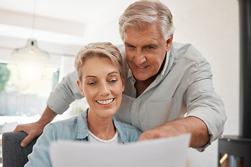 Image showing Retirement couple budget, finance and investment planning, loan and paperwork bills at home. Happy man, senior woman and people reading admin notes, cash savings and financial pension report letter