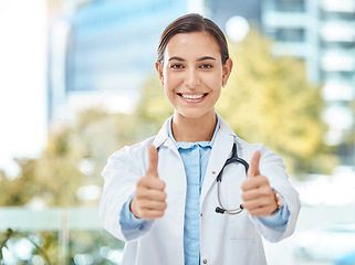 Image showing Thumbs up, smile and happy doctor, woman or physician with yes thumbsup for support. Portrait, goal or health approval hands, success for hospital worker or welcome motivation, winner or thank you.