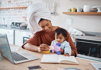 Image showing Mother, baby and down syndrome with laptop for work on web, study or education in house. Multitasking, mom and child with computer, book and toys for learning, play and working while home in kitchen
