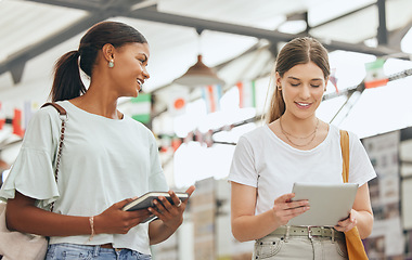 Image showing International expo, digital and diversity students women talking of college application, future career goals and education innovation idea. Gen z people at a school convention for global networking