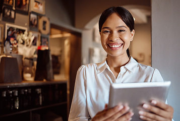 Image showing Tablet, management and coffee shop with a woman small business owner or entrepreneur working in her cafe. Portrait, vision and technology with a female employee using the internet in her restaurant