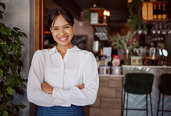 Image showing Small business success, cafe restaurant and happy woman leader portrait in Costa Rica hospitality industry. Confident coffee shop manager, waiter food service with apron and store entrance welcome