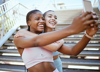 Image showing Exercise, friends and selfie on a phone with happy, relax women bonding and laughing during a workout in a city. social media, content creator and girls posing for online livestream on blog after run