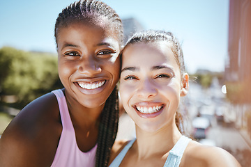 Image showing Friends, fitness and selfie by social media influencer during workout in a city, happy and relax. Wellness, training and portrait of ladies content creator, sharing online for blog and health vlog