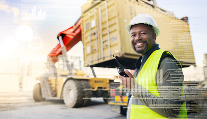 Image showing Supply chain, communication and futuristic with a man shipping or logistics worker on a dock with a crane and container. Radio, overlay and cargo with a male courier at work in export or freight