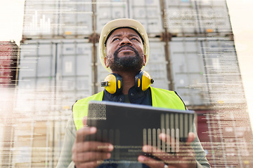 Image showing Supply chain logistics, futuristic digital transformation and black man with tablet in shipping industry. Technology software innovation, big data automation and distribution inventory online future