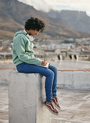 Image showing Relax writing woman on outdoor rooftop for song lyrics inspiration, motivation and peace on Hollywood roof building. Pen, notebook and freedom for young gen z girl, music artist or creative musician