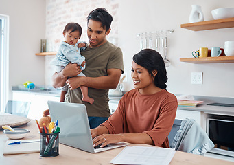 Image showing Internet, family and parents doing research on down syndrome with baby on a laptop in their house. Mother and father with smile for child and working on taxes or finance budget on the computer