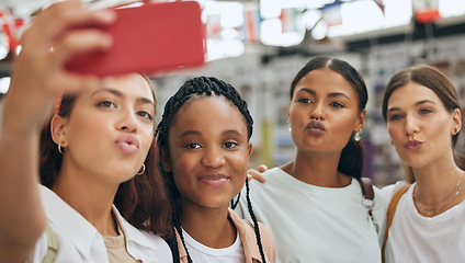 Image showing Phone, selfie and gen z friends in university shopping on summer holidays, vacation and having fun together as girls. Diversity and college students enjoying quality time, photo and urban culture