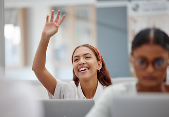 Image showing Women, education question or laptop in school, university or Brazilian college classroom with knowledge motivation. Smile, happy or asking student on technology in computer study or software learning