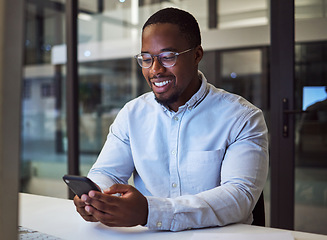 Image showing Black businessman, phone and networking in night office with digital marketing schedule, social media calendar and crm app. Smile, happy or motivation worker with mobile advertising b2b software idea