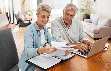 Image showing Retirement couple budget, finance and investment planning, loan and paper bills with laptop technology at home. Mature people money, cash savings and legal insurance document report on online banking