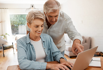 Image showing Retirement, senior couple and ecommerce on laptop for home purchase finance decision together. Happy married people with financial choice for online shopping payment with wireless technology.