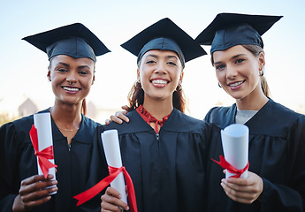 Image showing Portrait university students, women friends and graduation celebration, certificate and event for achievement goals, education success and group motivation. Happy, young and excited college graduates