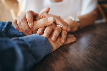 Image showing Trust, love and old couple holding hands to support each other in marriage, life and retirement with empathy. Gratitude, understanding and elderly woman comforting her senior partner with sympathy