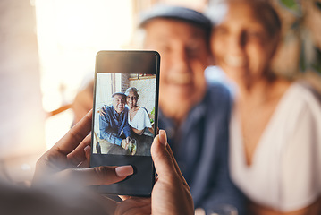 Image showing Pov, phone and woman taking picture of old couple at restaurant. Love, smile and elderly, romantic and retired couple hug with person taking photo for happy memories, 5g mobile or social media post.