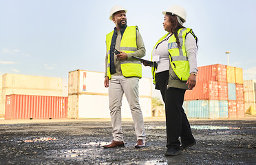 Image showing Logistics, supply chain and engineer team in shipping cargo industry walking, talking and doing inspection on shipyard. Black man and woman in industrial container site for export and import planning