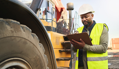 Image showing Logistics man, crane and writing on clipboard for delivery stock check, shipping cargo or supply chain manufacturing product. Thinking industrial manager, worker and employee with ecommerce documents