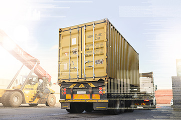 Image showing Logistics truck, shipping and transportation of cargo at a supply chain port ground. Ecommerce stock, delivery service and trade of commercial freight container at an outdoor manufacturing warehouse