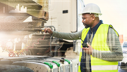 Image showing Logistics, walkie talkie and black man by truck, shipping or supply chain worker in text overlay. Portrait, container industry and inspection, employee radio communication or double exposure graphs.