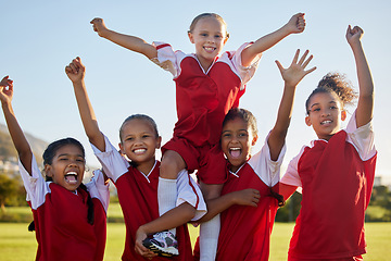 Image showing Soccer, team and girls celebrate winning, success and competitive game on field. Teamwork, happy players and female football champions group victorious together with fitness, exercise and training.