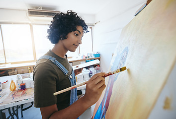 Image showing Art, creative and artist painting in studio for exhibition with watercolor and oil paint. Professional Indian woman painter with a paintbrush in hand, search for inspiration for work on canvas