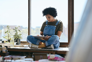 Image showing Tablet, art idea and painter on the internet for creative inspiration for painting design at a studio. Black woman, designer and artist on the web with tech for motivation for drawing at a workshop