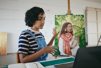 Image showing Painter, artist and laptop video call in creative studio for ecommerce sale of canvas painting online. Young indian woman, voip communication chat and designer studying artwork elearning in workshop