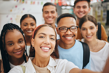 Image showing University friends, students and group selfie for social media at college, school and campus. Portrait of diversity, happy and gen z young people studying, education and learning knowledge together