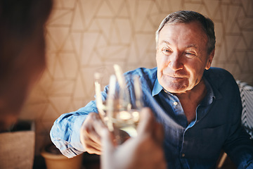 Image showing Toast, glass and couple with a senior man and woman doing a cheers in celebration of their anniversary while on a date. Dating, love and retirement with an elderly pensioner drinking champagne