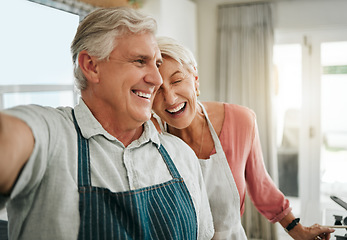 Image showing Elderly, couple and selfie in home happy while cooking, baking or cleaning together in funny moment. Older man, woman and retirement laughing in kitchen, bonding and smile, to make food and joke