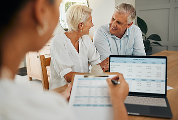 Image showing Senior couple, laptop and financial advisor in retirement finance planning paper, budget loan or investment insurance documents. Smile, happy or excited man and woman consulting funeral policy worker