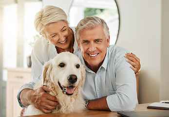 Image showing Senior couple, happy dog and smile of people in a home with quality time together. Animal love and happiness of elderly people with a pet golden retriever hug portrait in a house relax in retirement