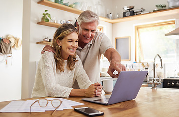 Image showing Happy pension couple with laptop and paperwork for retirement planning, online ecommerce website or digital bank application investment. Elderly, senior people for life insurance or asset management