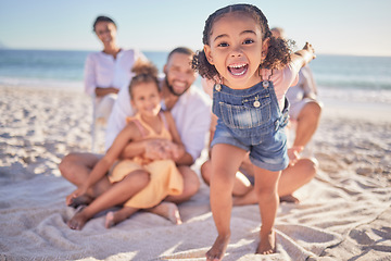 Image showing Girl running, family and summer beach, holiday or vacation trip in Costa Rica. Love, travel and portrait of kids on sandy ocean or sea shore having fun, excited and happy smile together with parents.