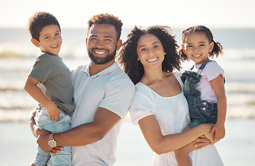 Image showing Happy family portrait, miami beach on summer vacation holiday and outdoor vacation sunshine. Children smile on holiday, afro latino parents holding kids on ocean travel and together with blue sky